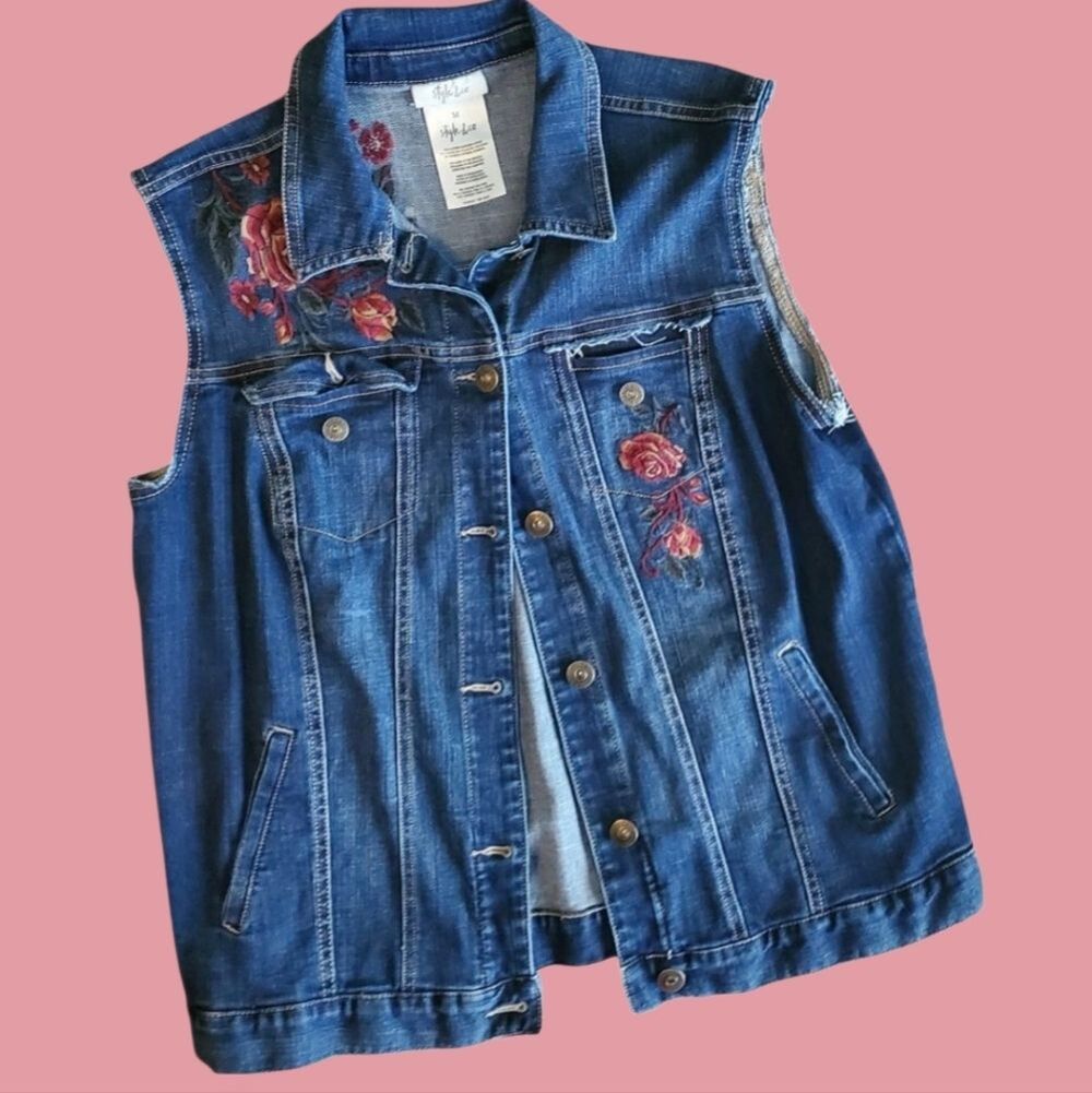 Women's denim vest embroidered roses medium